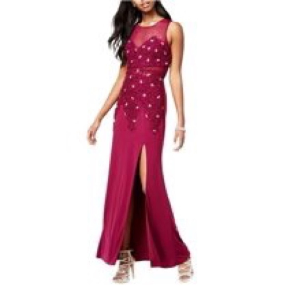 Embroidered beaded lace Prom Dress with slit.